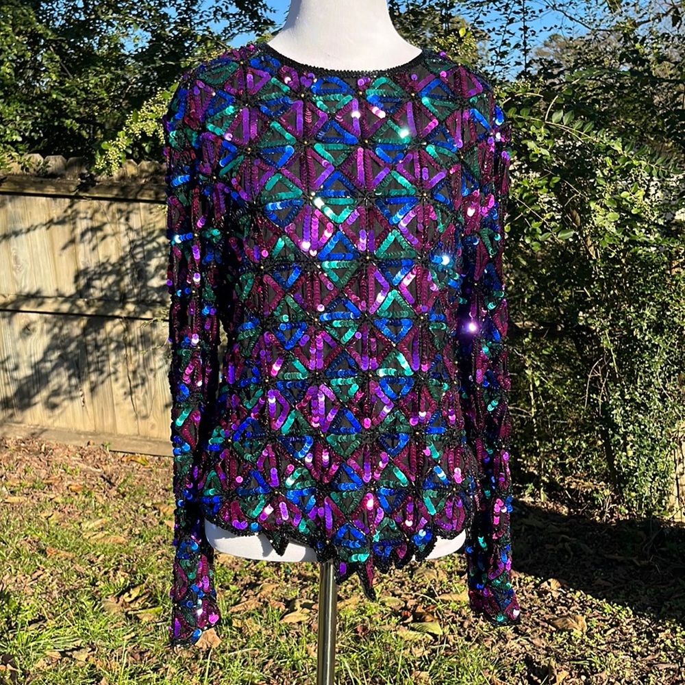 Stunning Vintage 100% Silk Fully Sequined Evening Wear Long Sleeve Top XL